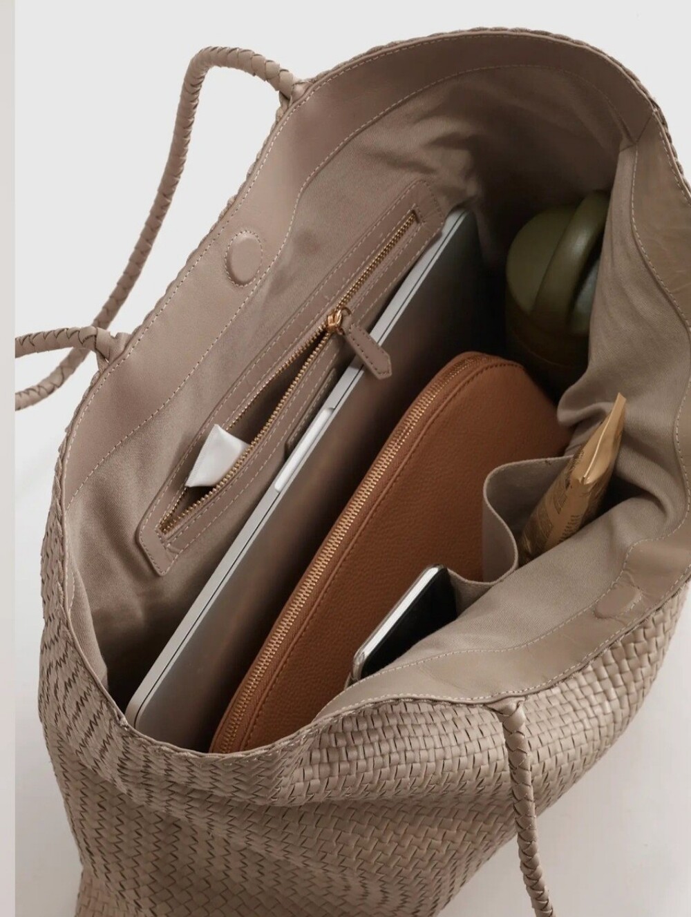 Sold Out Color Taupe Quince Handwoven Italian Leather Tote, 20", Beach, Work - Picture 4 of 13